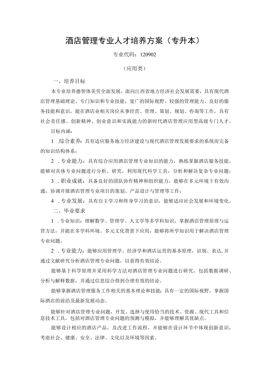 酒店管理专业人才培养方案专升本.docx_第1页