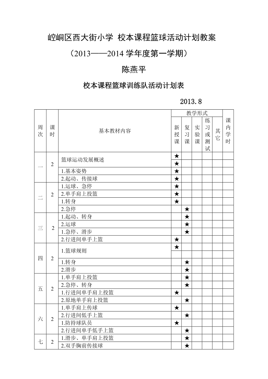 篮球队教学计划和教案陈燕平.doc_第1页