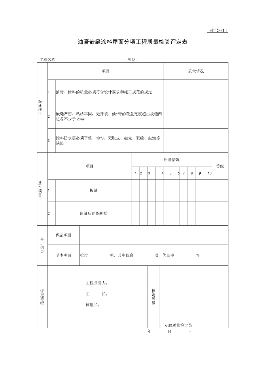 油膏嵌缝涂料屋面分项工程质量检验评定表.docx_第1页