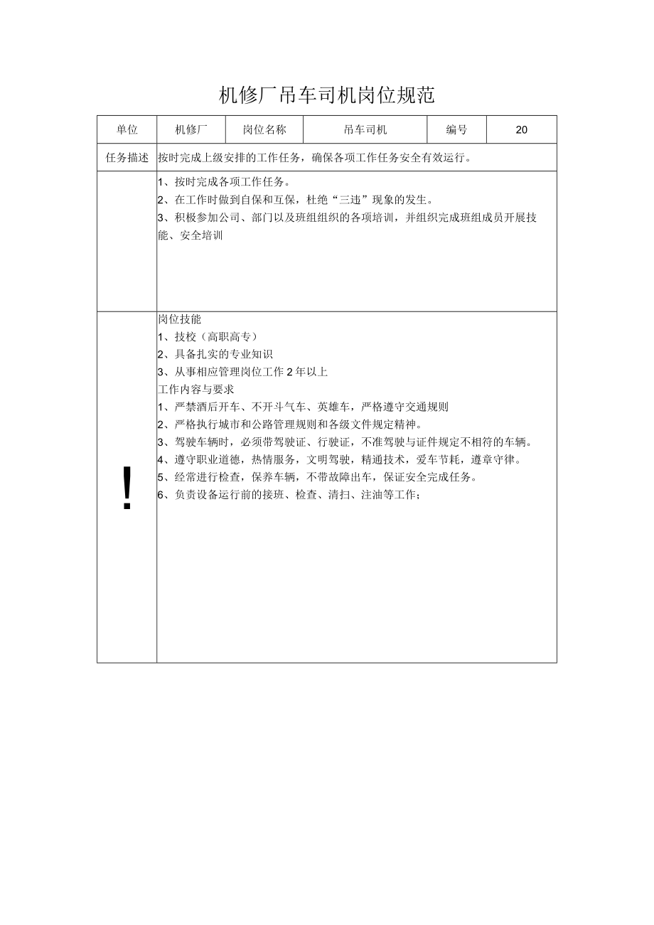 机修厂吊车司机岗位规范.docx_第1页