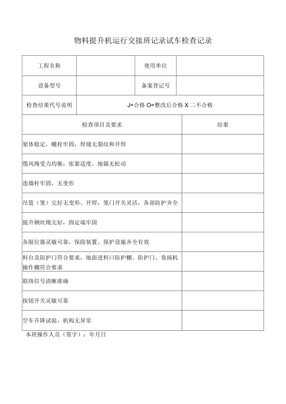 物料提升机运行交接班记录试车检查记录.docx_第1页