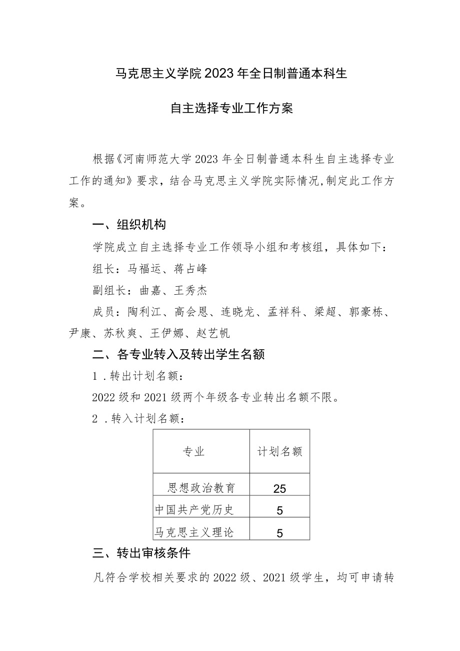 马克思主义学院2023年全日制普通本科生自主选择专业工作方案.docx_第1页