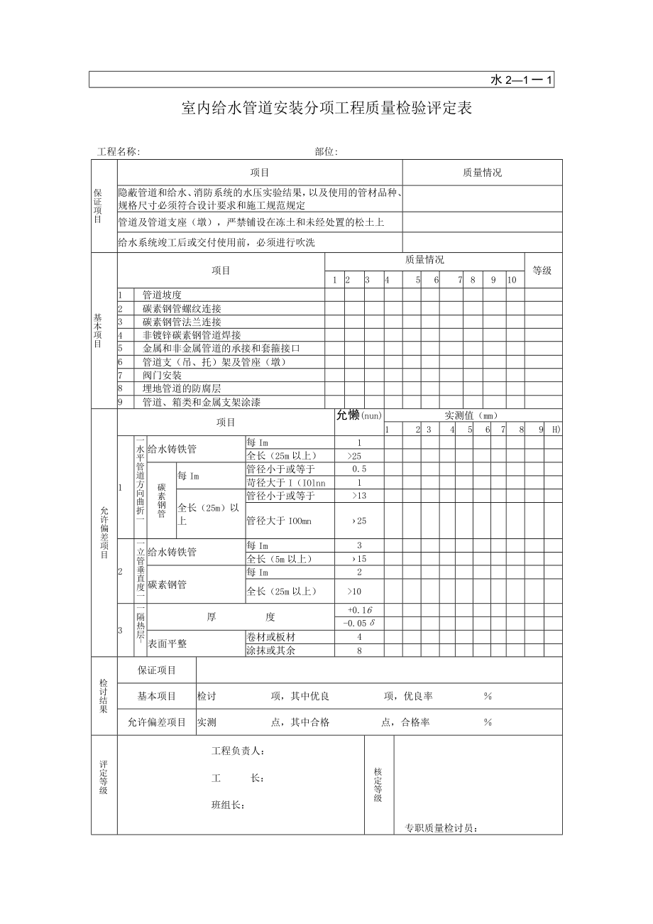 水室内给水管道安装分项工程质量检验评定表.docx_第1页