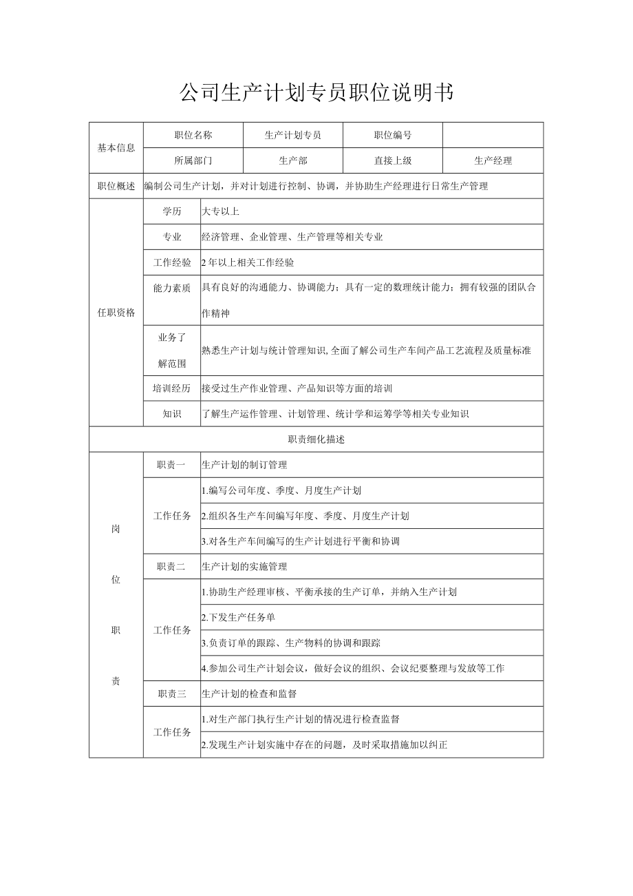 公司生产计划专员职位说明书.docx_第1页