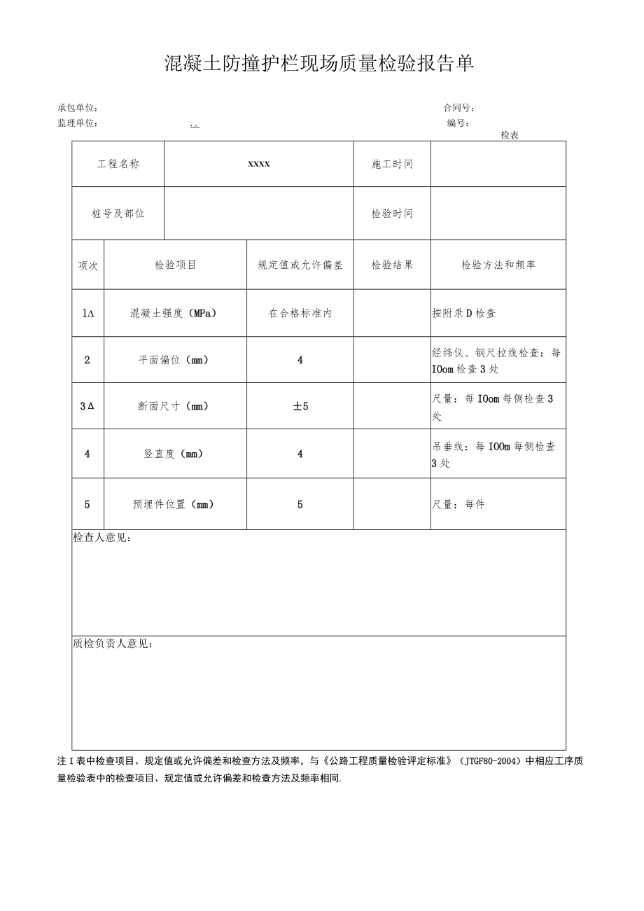 混凝土防撞护栏现场质量检验报告单.docx_第1页