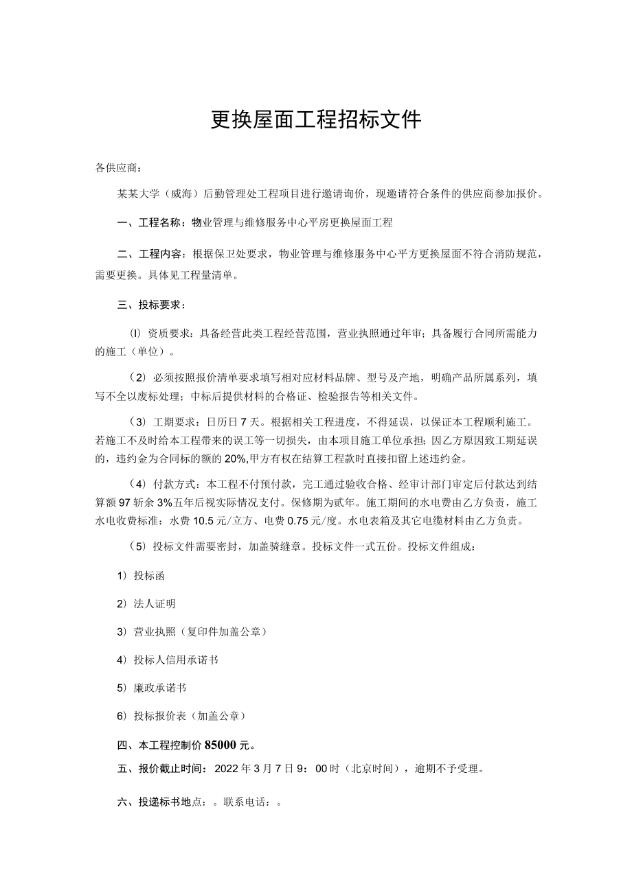 更换屋面工程招标文件.docx_第1页