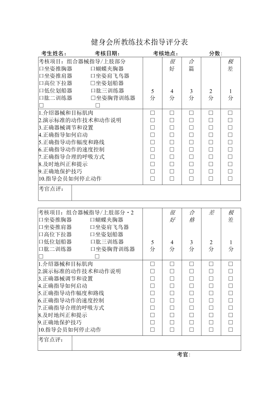 健身会所教练技术指导评分表.docx_第1页