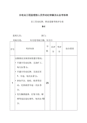 水电站工程监理部人员劳动纪律廉洁从业考核表.docx