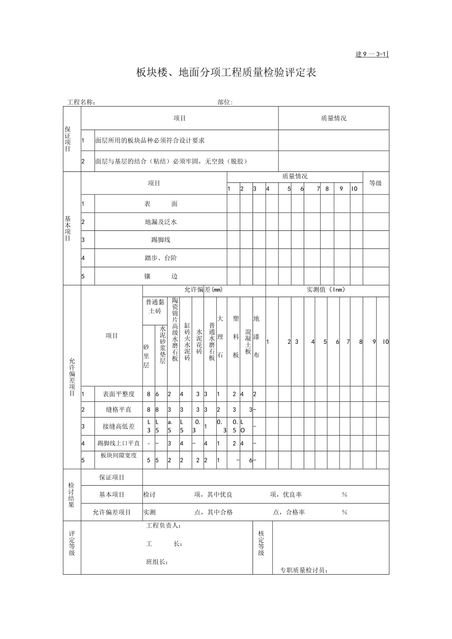 板块楼、地面分项工程质量检验评定表.docx_第1页