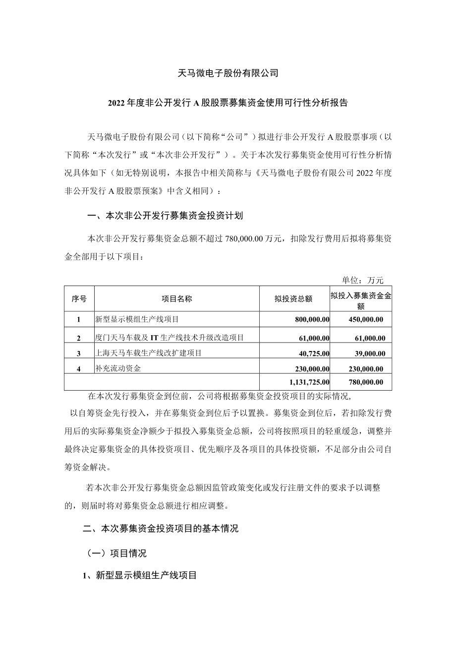 深天马Ａ：2022年度非公开发行A股股票募集资金使用可行性分析报告.docx_第1页