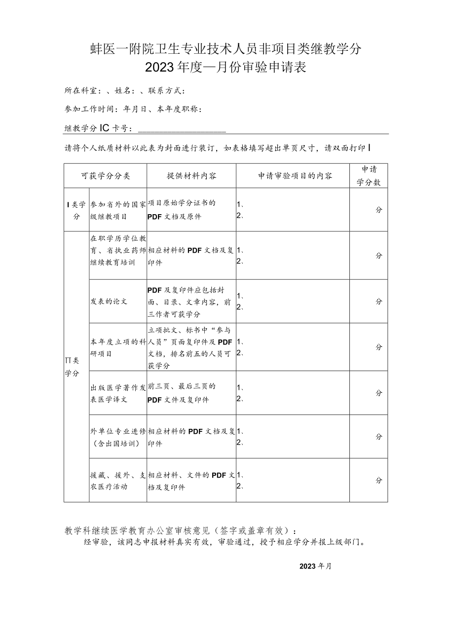 蚌医一附院卫生专业技术人员非项目类继教学分2023年度月份审验申请表.docx_第1页