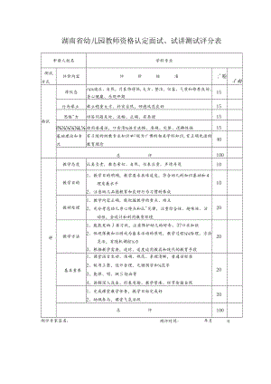 湖南省幼儿园教师资格认定面试、试讲测试评分表.docx