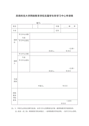 西南科技大学网络教育学院在籍学生转学习中心申请表.docx