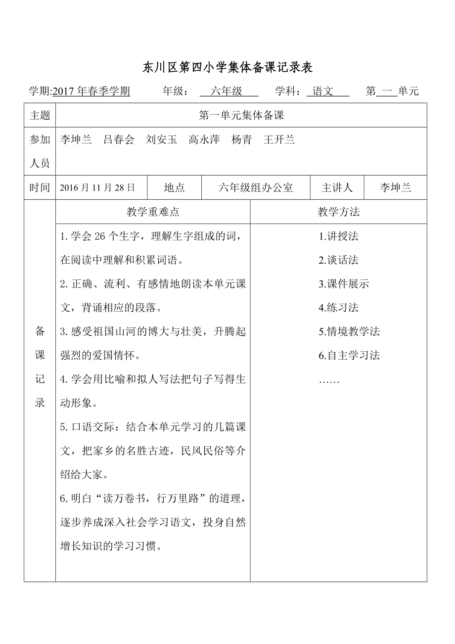 附12017春四小集体备课记录表_六年级组_语文第一单元李坤兰.doc_第1页