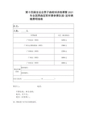 第十四届全运会男子曲棍球资格赛暨2021年全国男曲冠军杯赛参赛队接送车辆缴费明细表.docx