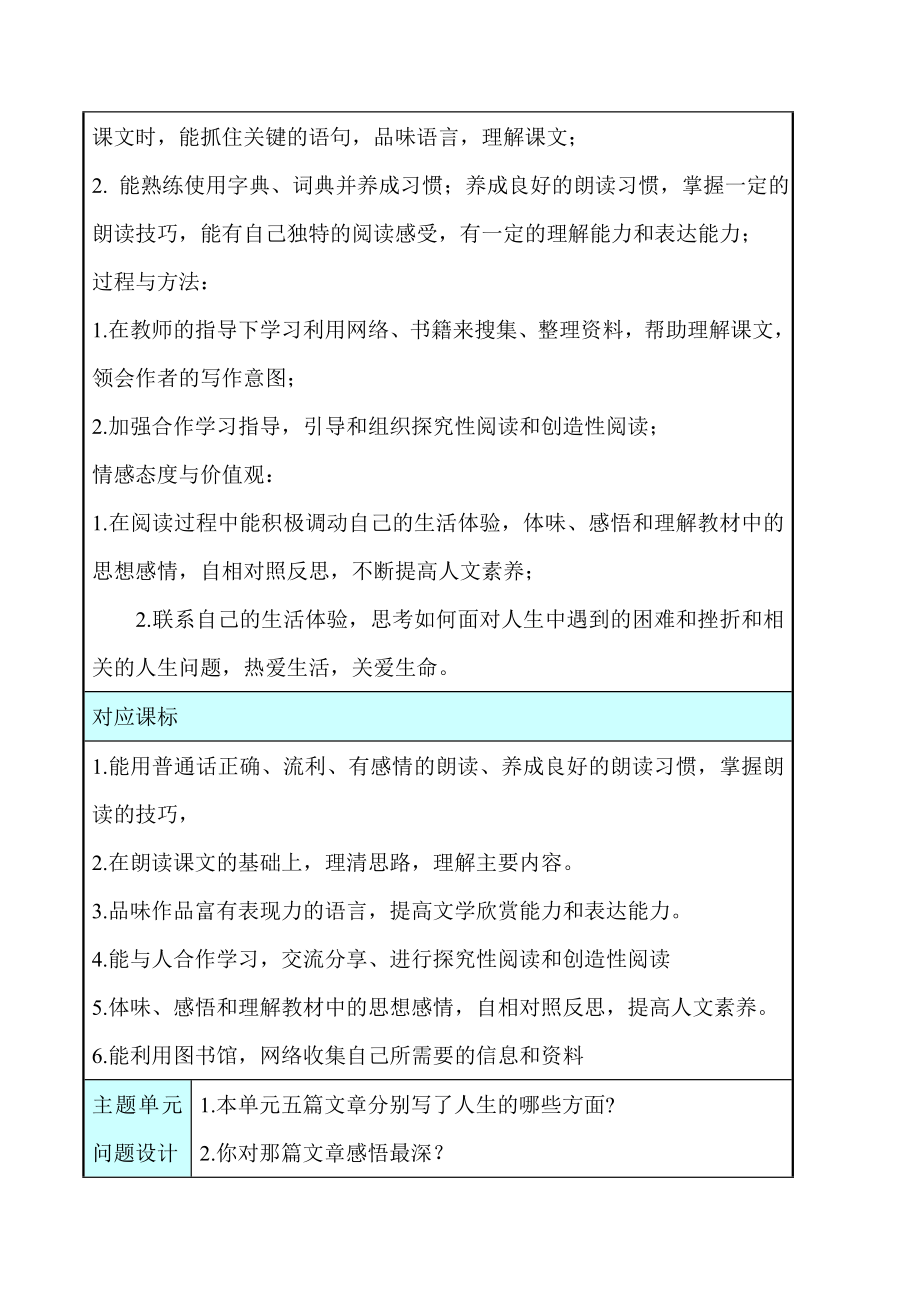 初中语文《感悟人生》单元教学设计以及思维导图.doc_第3页