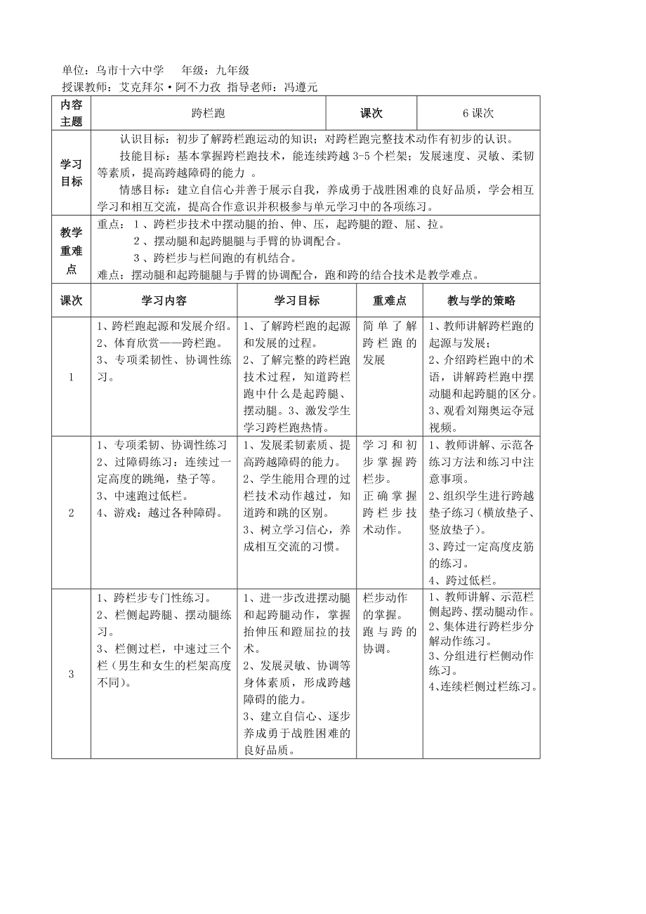 九级跨栏跑单元教学设计.doc_第3页