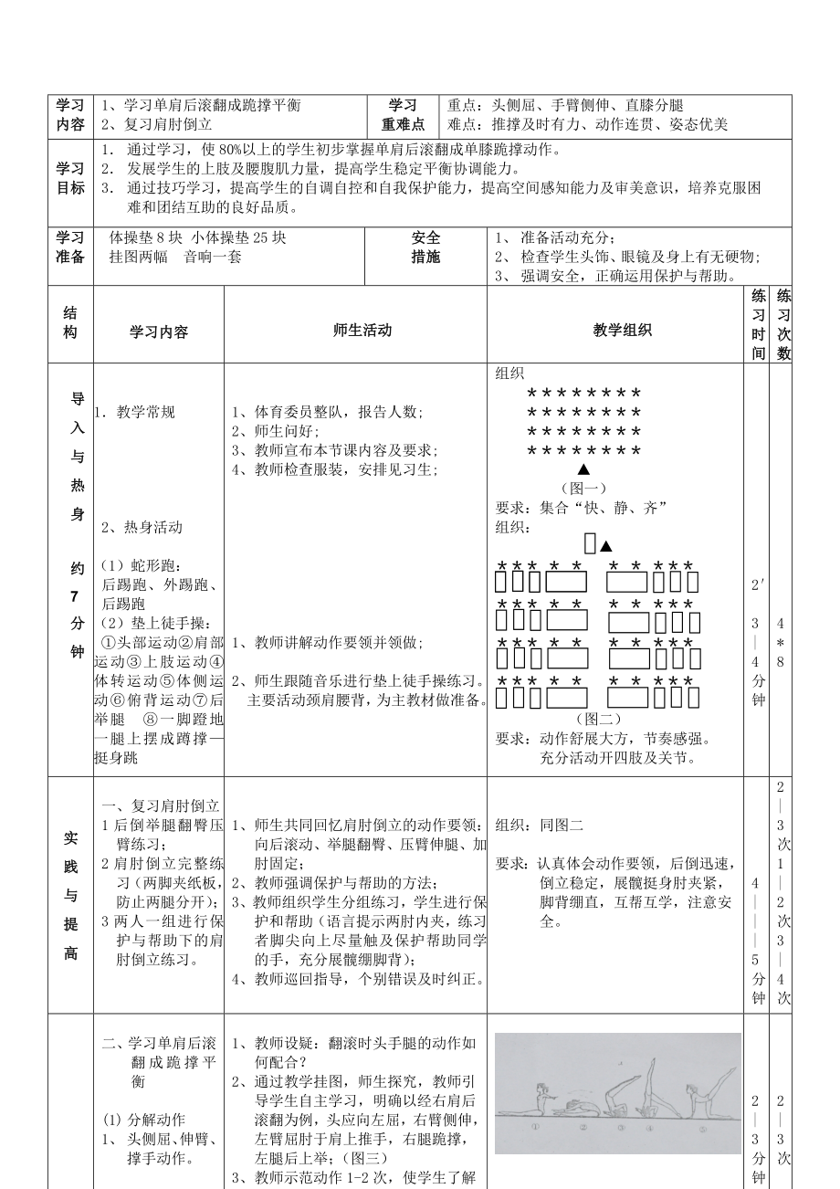 高中体育教学展示现场课评比“一等奖”《体操技巧：单肩后滚翻成跪撑平衡》教学设计.doc_第3页