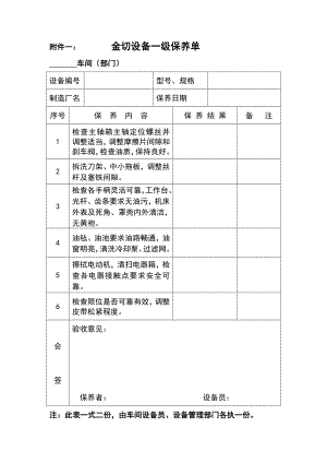 各种设备维护保养单(一保).doc