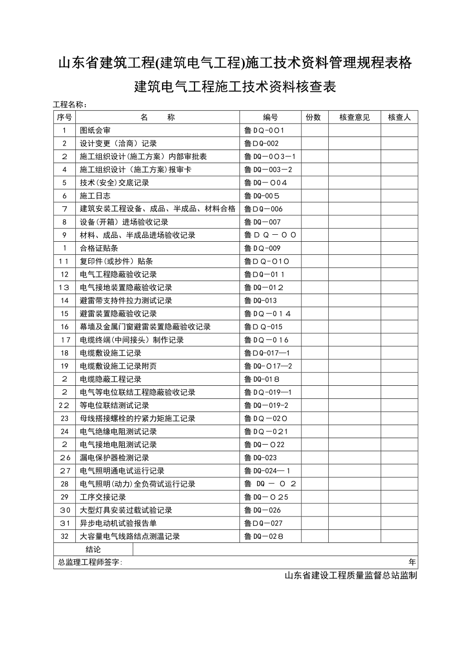 山东省建筑工程(电气工程)施工技术资料管理规程表格.doc_第1页