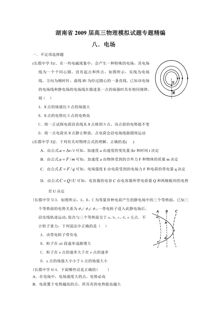 湖南省高三物理模拟试题精编：电场.doc_第1页