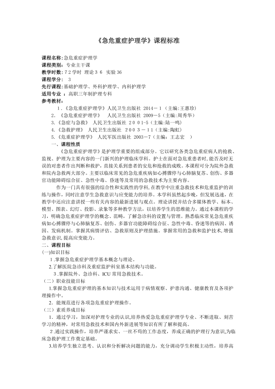 急危重症护理学课程标准.doc_第1页