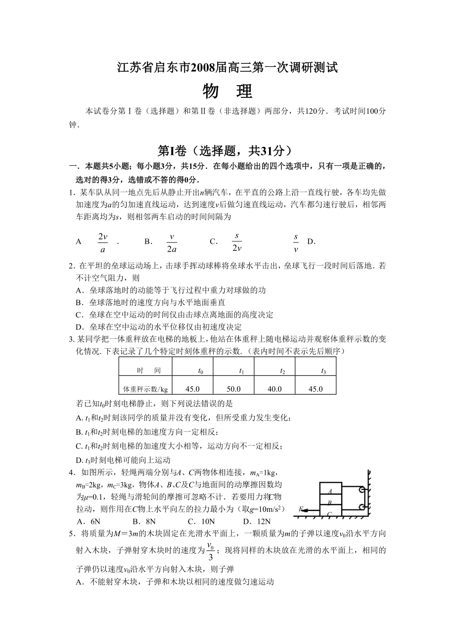 启东高三第一次调研测试物理试题.doc_第1页