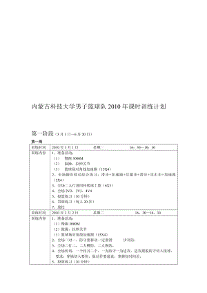 内蒙古科技大学男子篮球队课时训练计划.doc