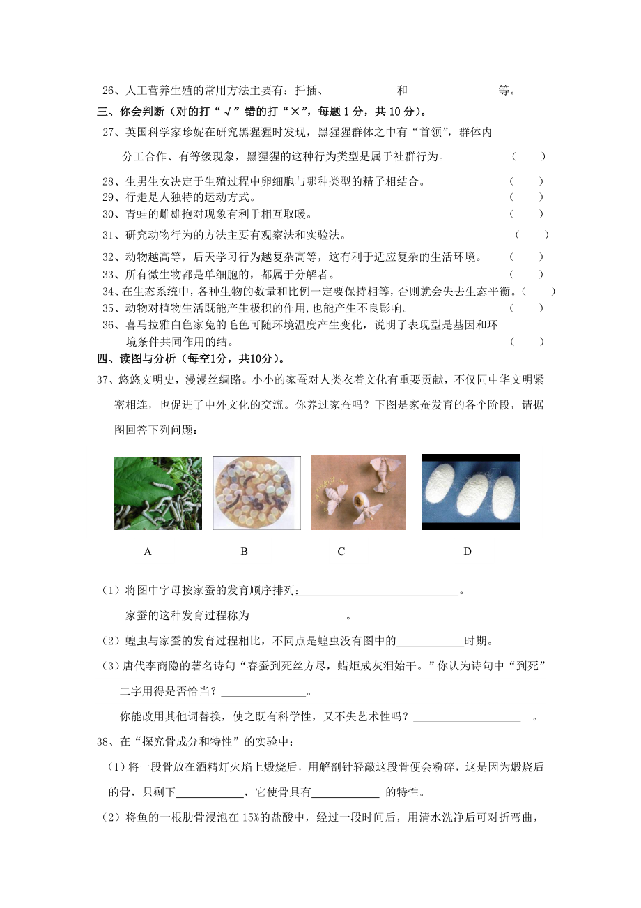 八级上生物试卷及答案.doc_第3页