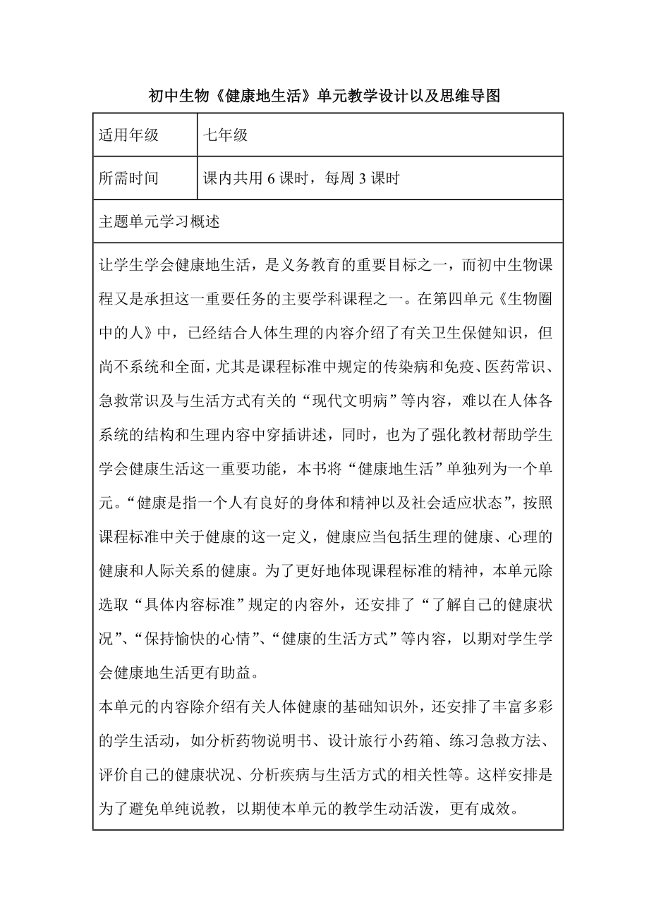 初中生物《健康地生活》单元教学设计以及思维导图.doc_第1页