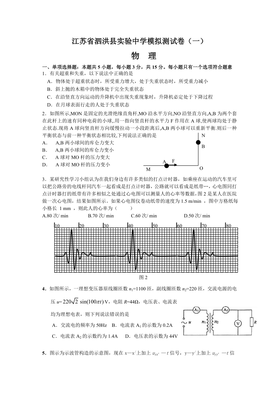 泗洪县实验中学模拟测试卷物理试题(一).doc_第1页