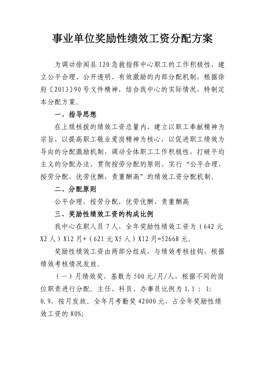 徐闻县120急救指挥中心奖励性绩效工资分配方案.doc_第1页