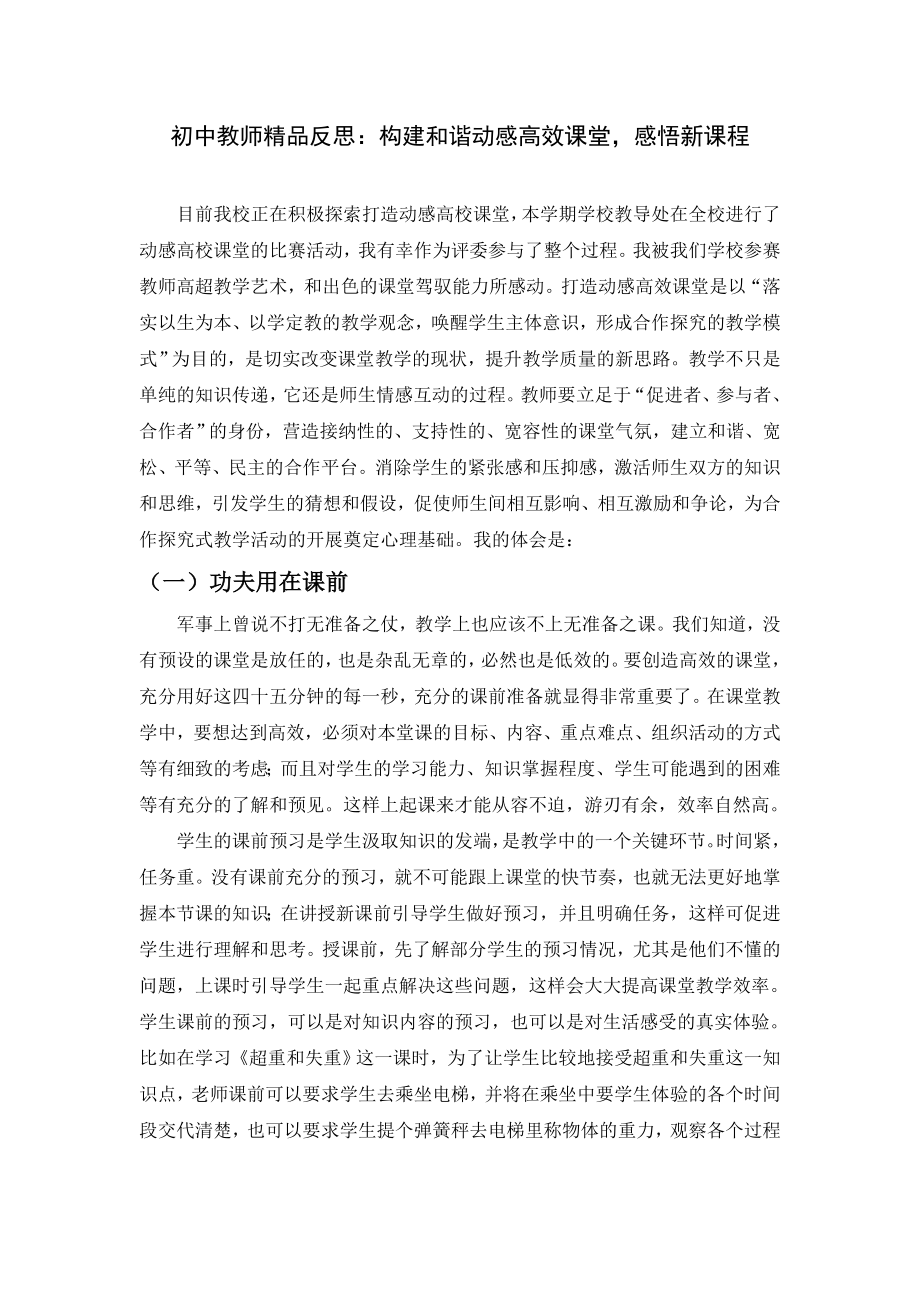 初中教师精品反思：构建和谐动感高效课堂感悟新课程.doc_第1页