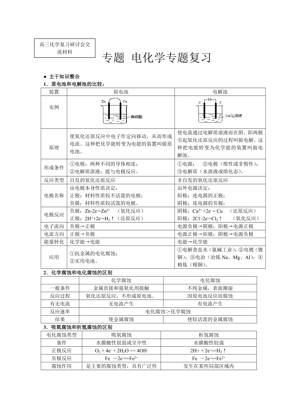 高三化学复习研讨会交流材料：电化学专题复习.doc_第1页