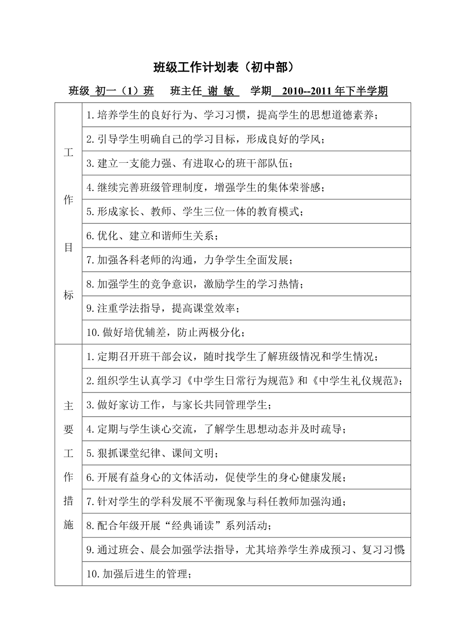 班级工作计划表（初中部）.doc_第1页