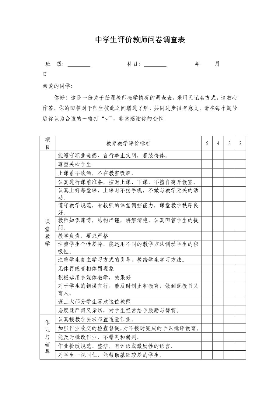 中学生评价教师问卷调查表.doc_第1页