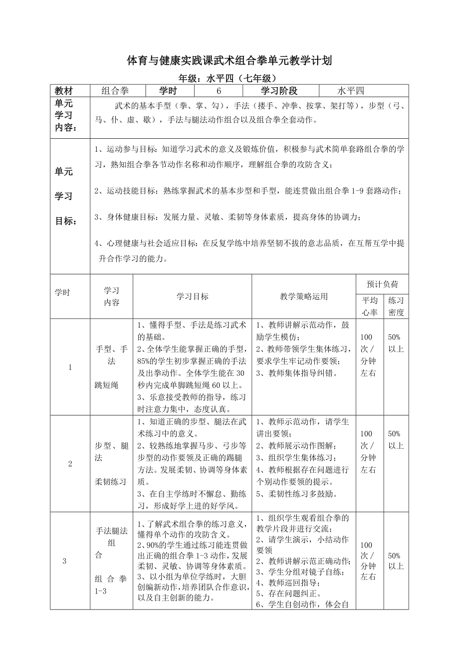 初中体育与健康实践课武术组合拳单元教学计划.doc_第1页