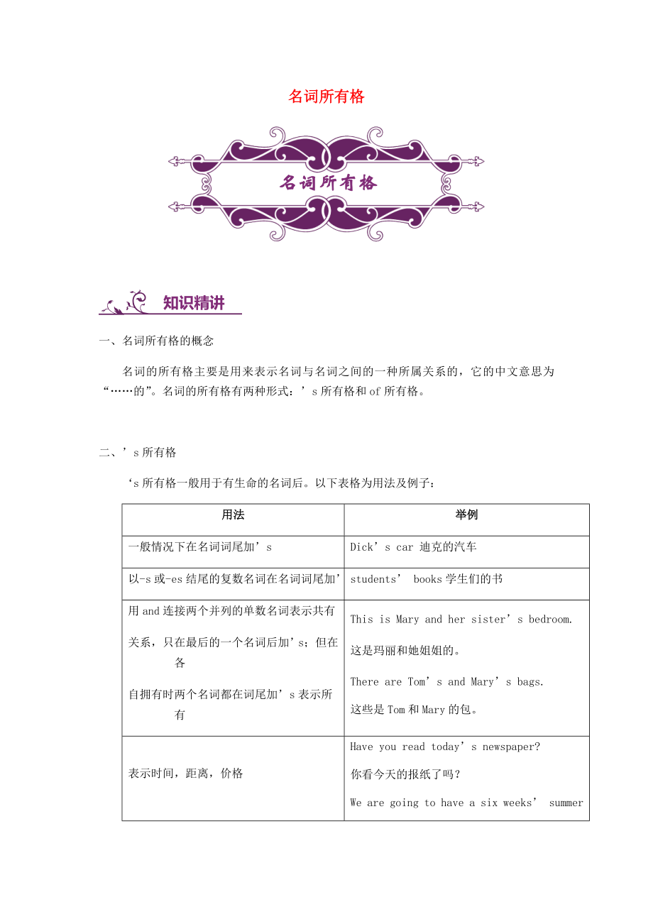 最新中考英语专题讲练：-名词所有格(含解析).doc_第1页