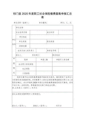 祁门县2020年度职工社会保险缴费基数申报汇总表.docx