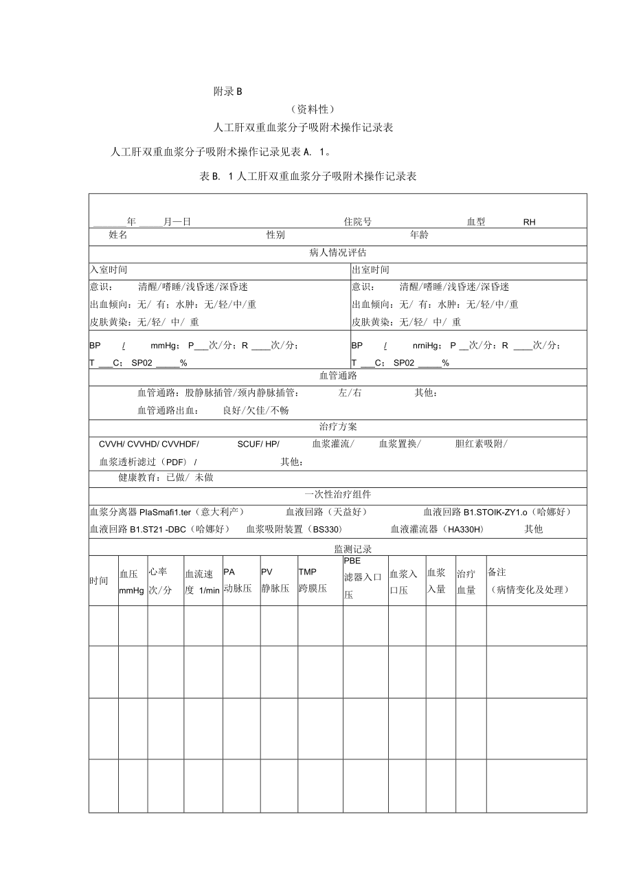 人工肝双重血浆分子吸附术操作记录表.docx_第2页