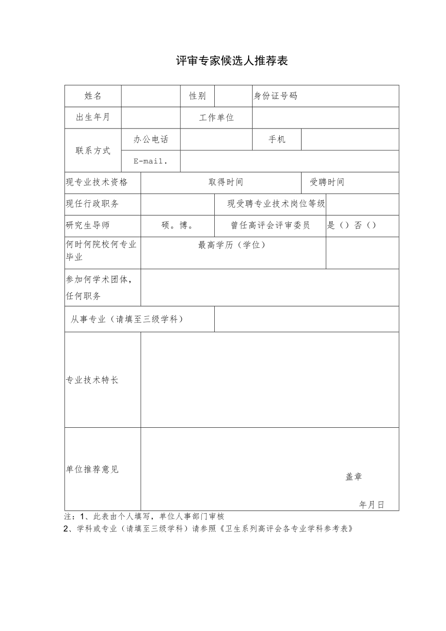 评审专家候选人推荐表.docx_第1页