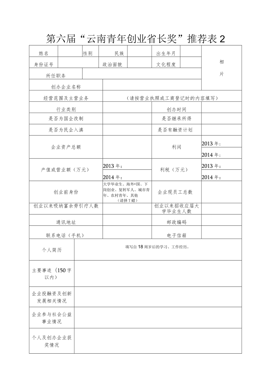 第六届“云南青年创业省长奖”推荐.docx_第1页