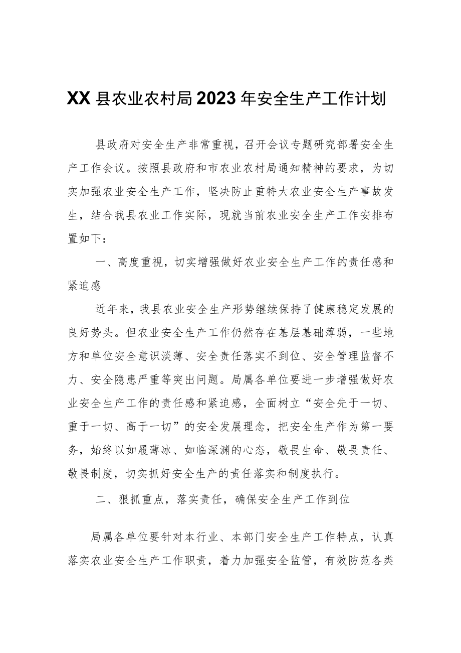 XX县农业农村局2023年安全生产工作计划.docx_第1页