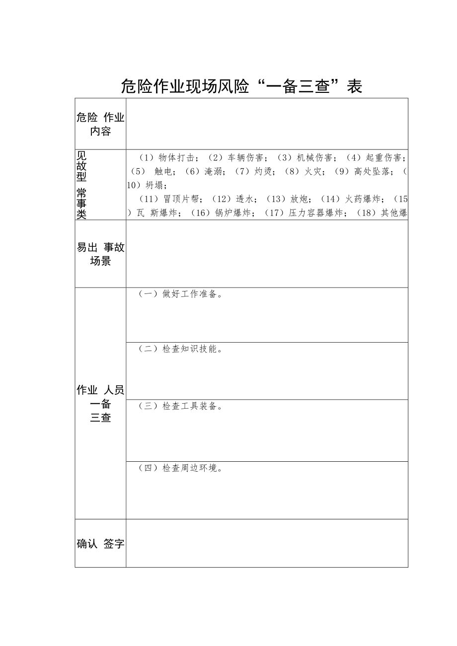 一线岗位安全风险事故假想参考表、危险作业现场风险“一备三查”表.docx_第2页