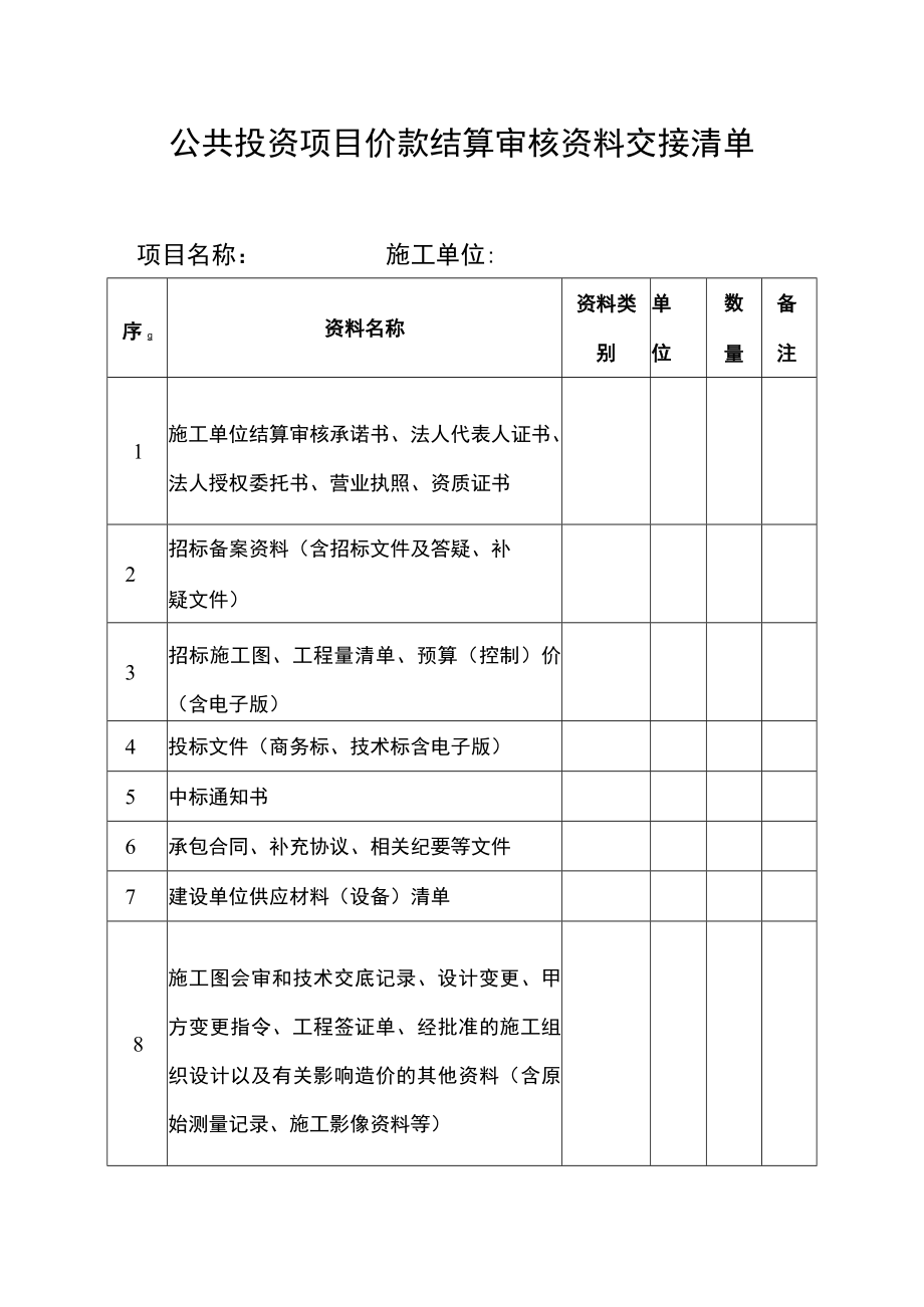 公共投资项目价款结算审核资料交接清单.docx_第1页