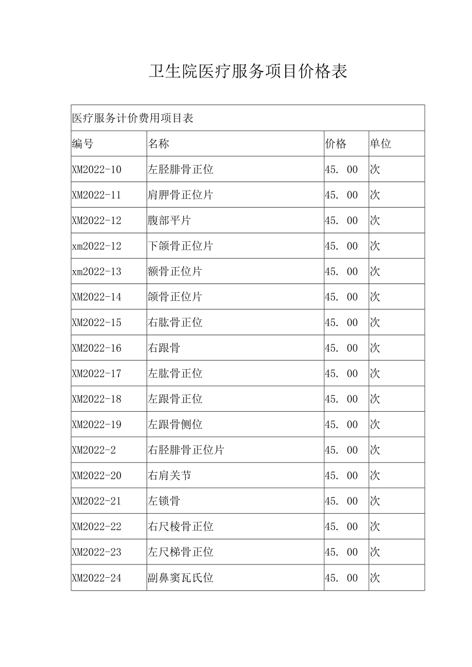 卫生院医疗服务项目价格表.docx_第1页