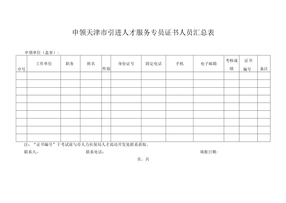 申领天津市引进人才服务专员证书人员汇总表.docx_第1页