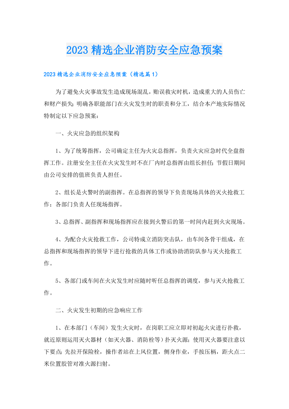 2023精选企业消防安全应急预案.doc_第1页