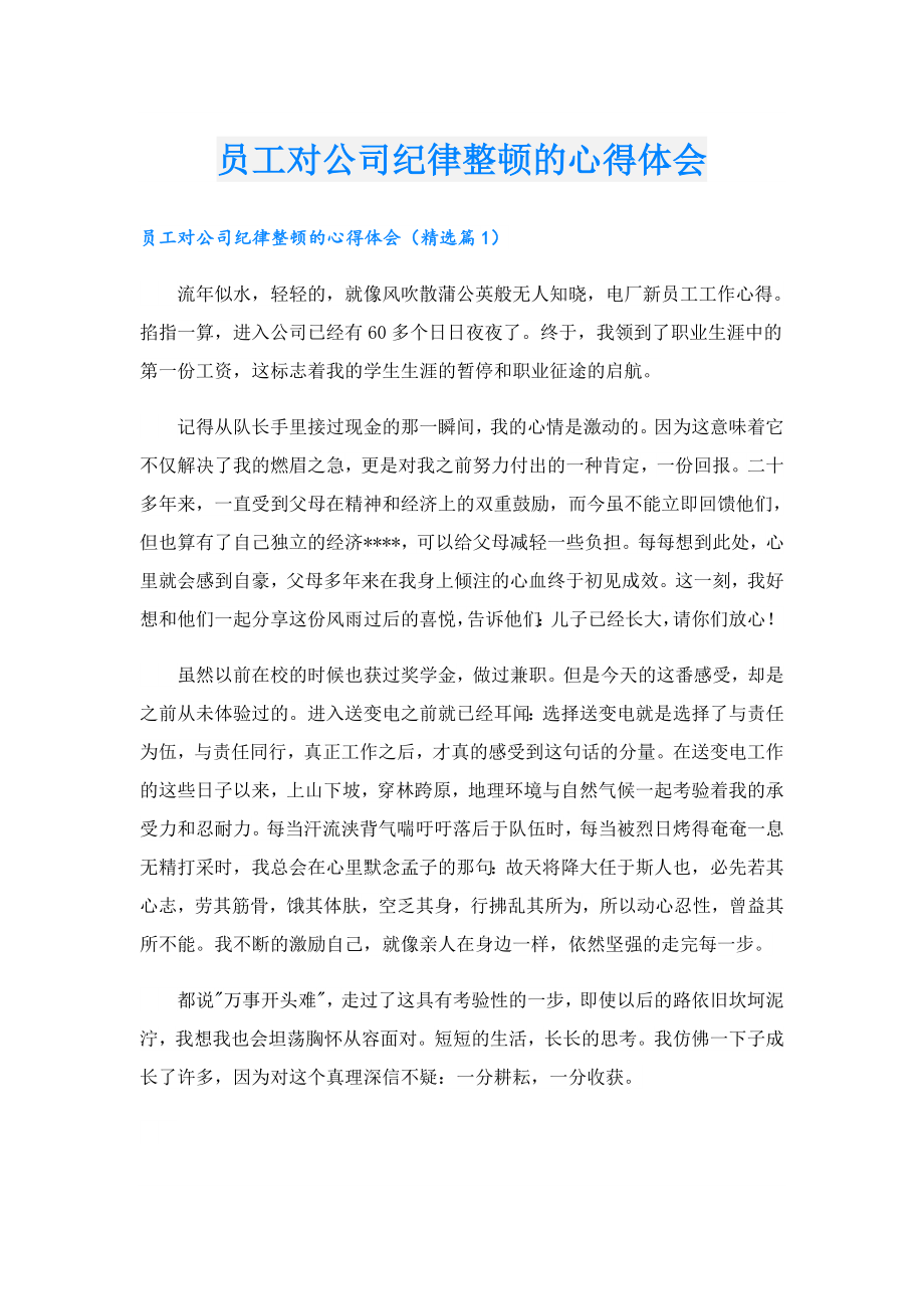 员工对公司纪律整顿的心得体会.doc_第1页