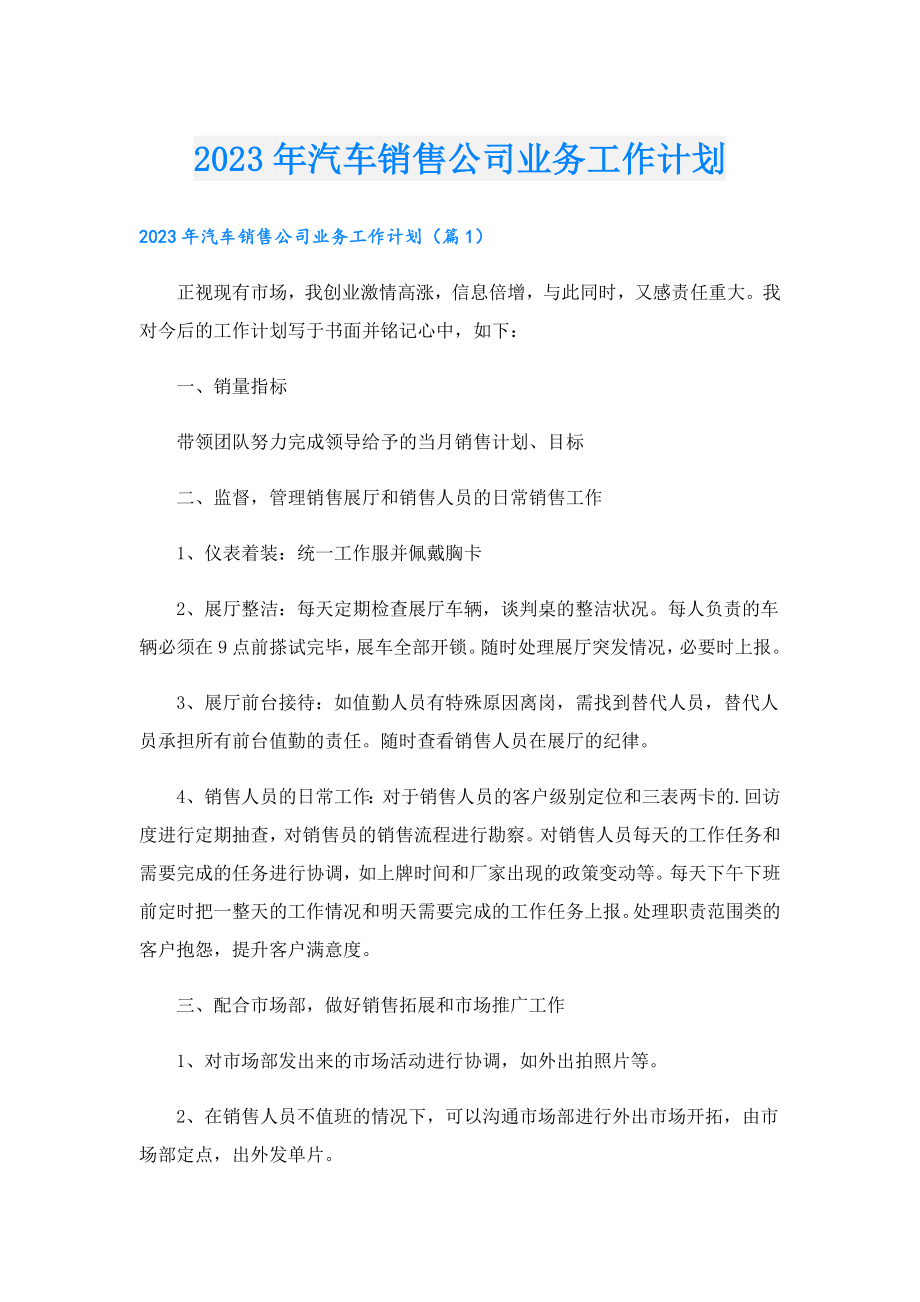 2023汽车销售公司业务工作计划.doc_第1页